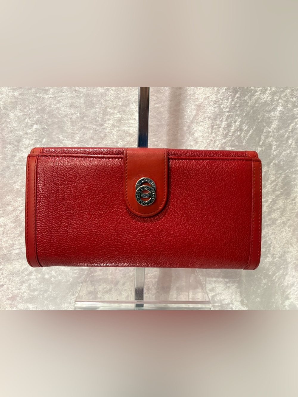Bvlgari Goatskin Double Silver Bezel Ring Continental Wallet Red
